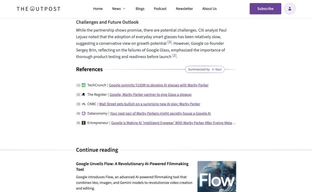 TheOutpost.ai summary page navigation